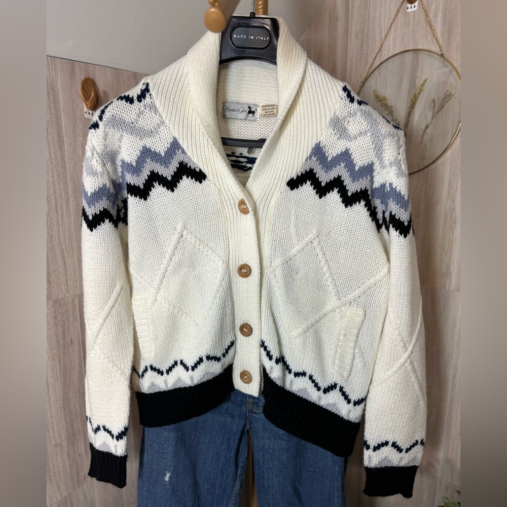 Hunters Glen Chevron Western Country Cream and Blue Cardigan Sweater Vintage